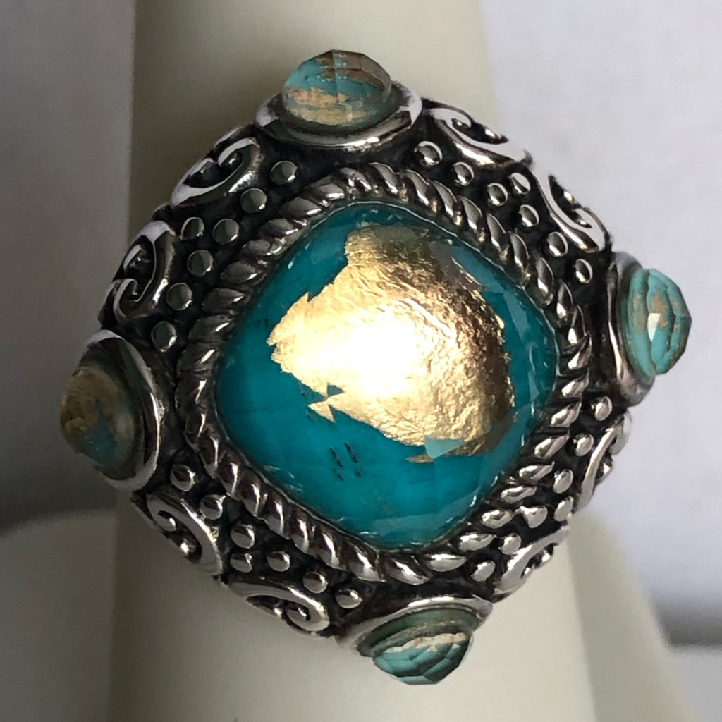 Turquoise Crystal Quartz Fancy Cut With Gold Leaf In Sterling Ring 86$
